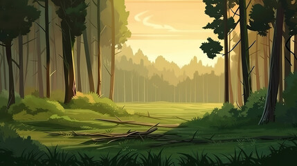 Wall Mural - Summer forest background. Light clean summer forest with green trees and grass. Generative Ai