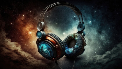 cool looking headphones in space, imprssive artwork, generative ai technology