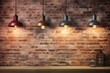 beautiful background of loft style interior with brick wall,wooden ceiling and black ceiling lamp, spot light for placing product or highlight item with brick wall background, shop decor loft style