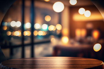 Wall Mural - Table-top view of beside table or nightstand on blurred cozy night ambiance at hotel room with bokeh background. Empty wooden table for product display and customization. Flawless Generative AI