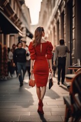 Canvas Print - A woman in a red dress walking down a street. AI generative image.