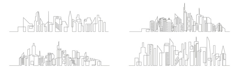 Canvas Print - Continuous line drawing of house, residential building concept set vector. Panoramic landscape of metropolis architecture, skyscrapers.