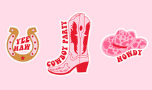 Collection With Cowgirl Sticker. Cowboy Hat, Horseshoe, Boot And Lettering. Cowboy Western And Wild West Theme. Hand Drawn Vector Design For Postcard, T-shirt, Sticker Etc.