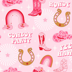 retro seamless pattern with different cowgirl boots, horseshoe, rainbow, hat, lettering phrase and s