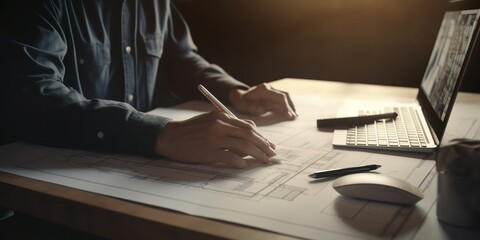 Wall Mural - Architect or engineer working on laptop computer with blueprint, digital tablet and calculator on table in office at the construction site, close up With Generative AI technology