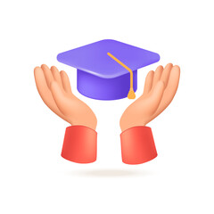 Wall Mural - Human hands holding graduation hat 3D illustration. Cartoon drawing of student hands with headwear of university graduate in 3D style on white background. Graduation, education concept Generative AI