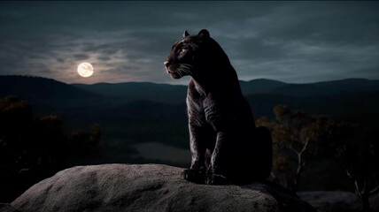 Sticker - a black panther sitting on a rock and a huge moon generative ai