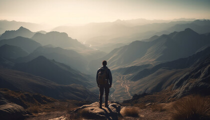 Poster - men hiking mountain peak, achieving extreme success generated by ai