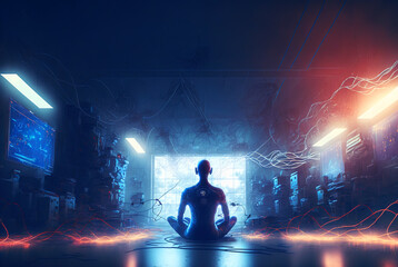 Poster - Digital era woman meditating in neon wires, with consciousness connected to the world via technological structure. Generated AI.