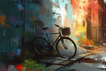 A Bicycle Leaning Against A Colorful Graffiti Wall. Generative AI