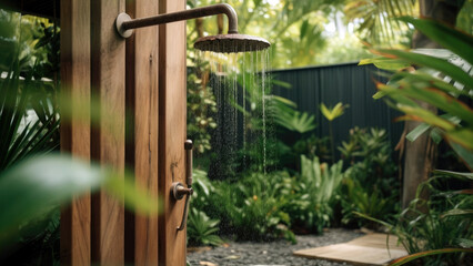 refreshing outdoor shower setup, surrounded by tropical foliage, summer, Generative AI