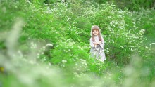 A Cute Little Girl With Brown Hair Holds Favorite Fluffy Toy Bunny Among White Flowers In The Park. Background Summer Green Flowering On The Lawn. Child Playing On The Spring Nature Generative AI
