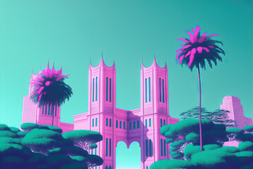 Poster - Vaporwave landscape with abstract building with pillars. 80s styled pink and blue minimalistic architectural scene. Generated AI.