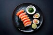 Sushi Set nigiri, rolls and sashimi served in traditional Japan black Sushioke round plate. generated by AI