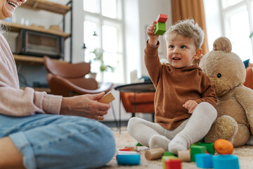 Wall Mural - Grandmother playing with her little grandson,building a block set.