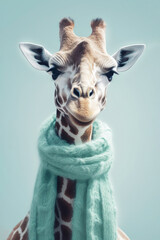 Funny Giraffe in mint-colored scarf on light background. Generative AI. High quality illustration