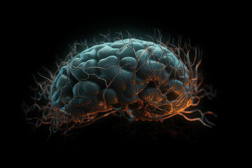 Fototapete - Human brain with a neural network of synapses lighting up. Generative AI