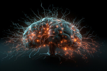 Fototapete - Human brain with a neural network of synapses lighting up. Generative AI