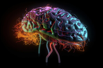 Fototapete - Human brain with a neural network of synapses lighting up. Generative AI