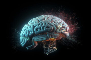Fototapete - Human brain with a neural network of synapses lighting up. Generative AI