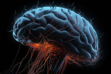 Fototapete - Human brain with a neural network of synapses lighting up. Generative AI