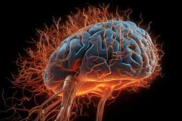 Fototapete - Human brain with a neural network of synapses lighting up. Generative AI