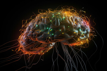 Fototapete - Human brain with a neural network of synapses lighting up. Generative AI