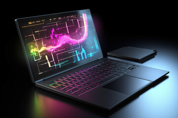 Fototapete - A laptop with analytical data and chart flows. 3D rendering illustration. Generative AI