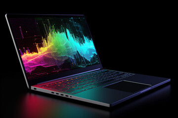 Fototapete - A laptop with analytical data and chart flows. 3D rendering illustration. Generative AI
