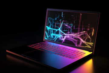 Fototapete - A laptop with analytical data and chart flows. 3D rendering illustration. Generative AI