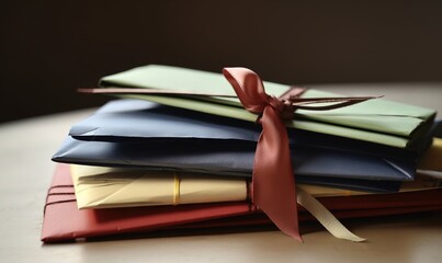 Canvas Print -  a stack of folded books tied with a red ribbon on a table.  generative ai