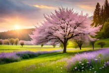 The Beautiful Field Spring Landscape With Blooming Trees With Background Wallpaper By Ai Generative