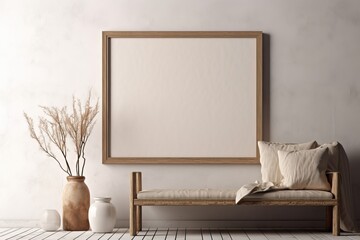 Horizontal wooden frame mockup with warm neutral wabi-sabi interior on concrete wall background. 3d rendering