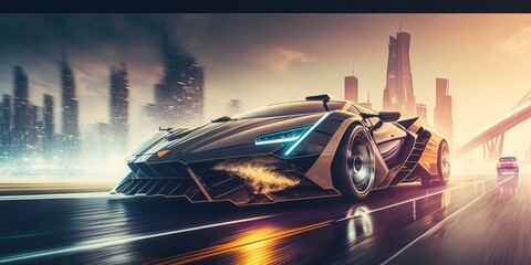 Poster - Elegant luxury super sports car future design driving on modern city highway Generative AI
