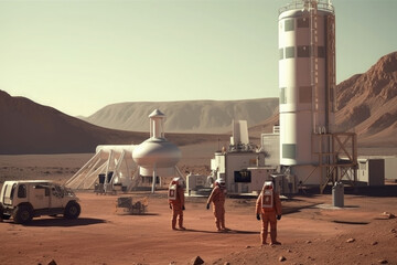 Wall Mural - astronauts wearing space suits walking on red planet, standing near base for colonization. martian c