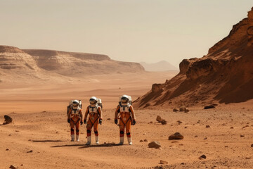 Wall Mural - astronauts wearing space suits walking on red planet. martian colony. mars colonization. created wit