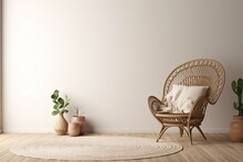 Empty Wall Mockup In Warm Neutral Beige Room Interior With Wicker Armchair, Palm Plant In Woven Basket, Boho Style Decoration And Free Space, 3d Rendering