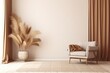Leinwandbild Motiv Living room interior wall mockup in warm tones with beige linen armchair, dried Pampas grass and woven rug. Boho style decoration on empty wall background. 3D rendering