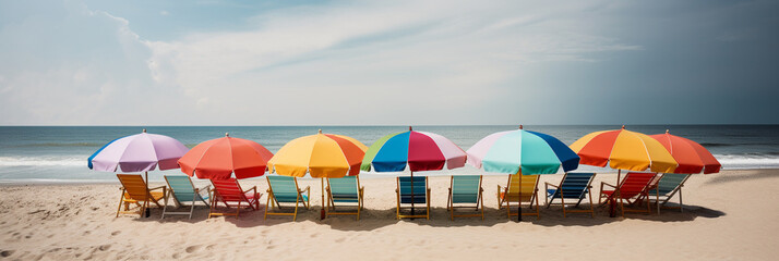 Escape to Paradise [Generative AI]: Beautiful Beach with Rainbow Umbrellas and Beach Chairs and Plenty of Copy Space