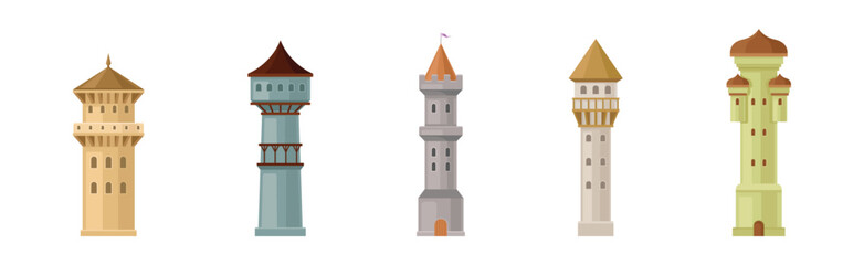 High Stone Towers with Pointed Roof and Flag on Top Vector Set