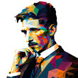 © Teslusion Studio - Nikola Tesla's thoughtful pose with his hand on his chin is depicted in a WPAP style portrait illustration and vector drawing. Featuring vibrant colors and a suit.