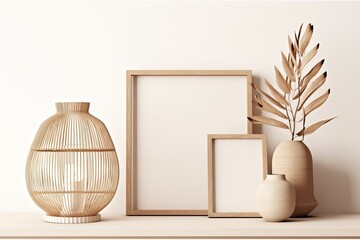 wooden frame mockup in warm neutral minimalist Japandi interior with dried palm leaves, wicker lantern and books on light beige shelf on empty white wall background, 3d rendering