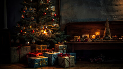 Poster - christmas tree with gifts and decorations