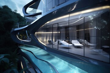 Hotel with glass balcony pools. Generative AI.