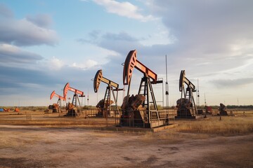 Wall Mural - Oil field, oil wells. Generative AI.