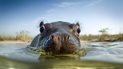 Poster - Cute hippo swimming underwater. Generative AI.