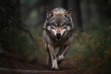 Wolf Running Snarling With Teeth. Generative AI.
