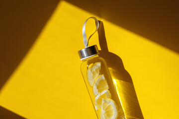 Wall Mural - Lemon water drink detox in bottle, hard shadow at sunlight on yellow background. Wellness, diet, eating healthy concept. Modern glass reusable water bottle, eco friendly lifestyle minimal photo