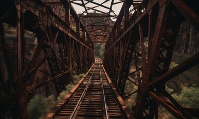   a train track going across a bridge over a river or river.  generative ai
