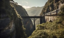  A Train Traveling Over A Bridge Over A River Next To Mountains.  Generative Ai